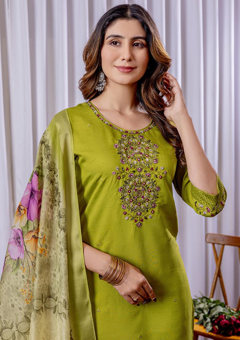 Parrot Green Embroidery Silk Straight Kurta Set - Indya