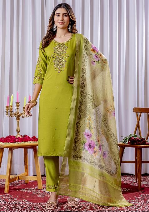 Parrot Green Embroidery Silk Straight Kurta Set