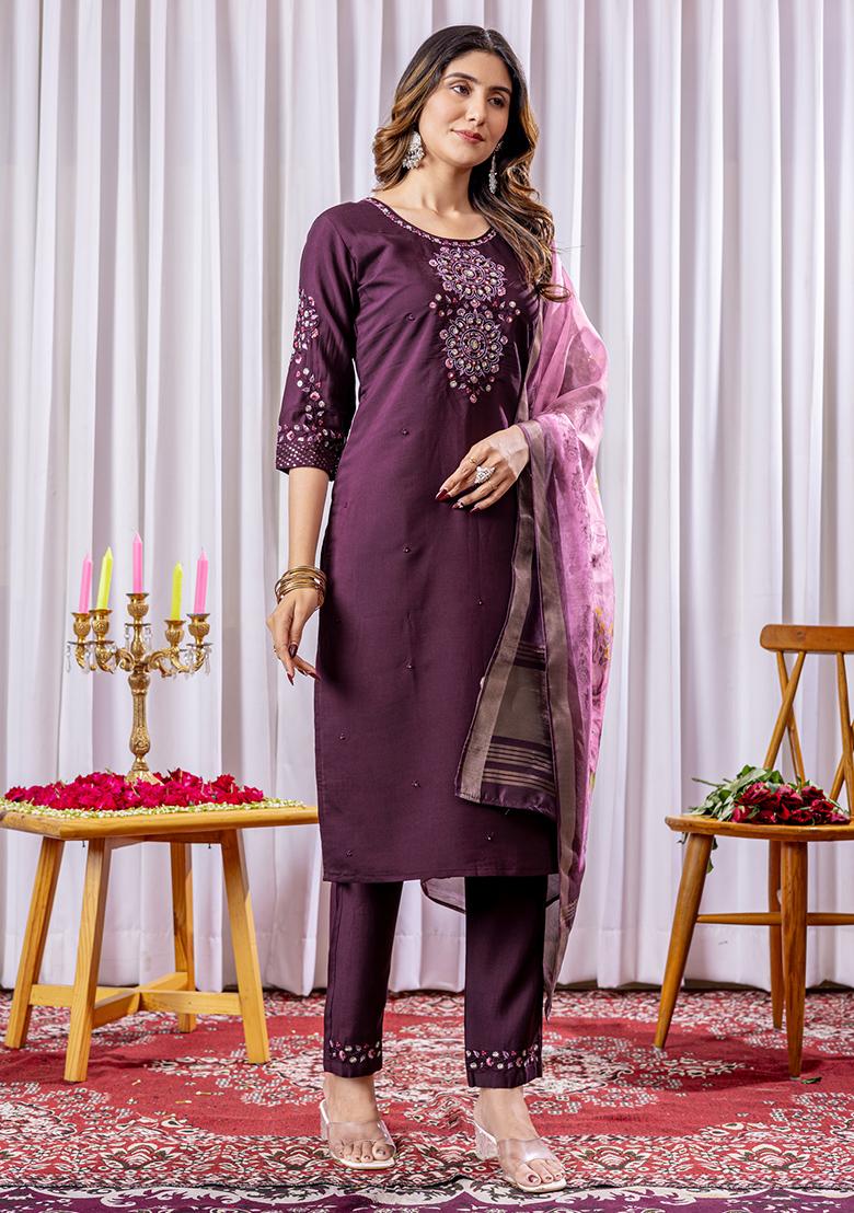 Wine Embroidery Silk Straight Kurta Set - Indya