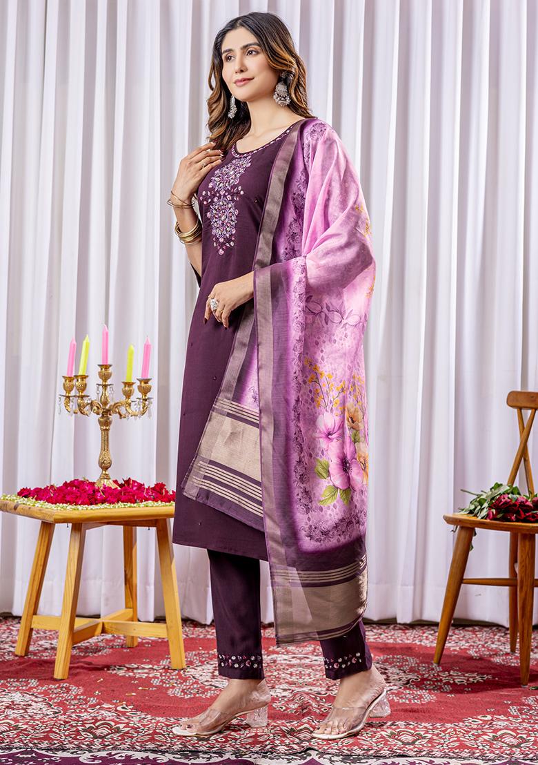 Wine Embroidery Silk Straight Kurta Set - Indya