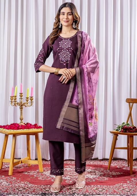 Wine Embroidery Silk Straight Kurta Set