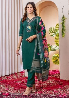Green Embroidery Silk Straight Kurta Set