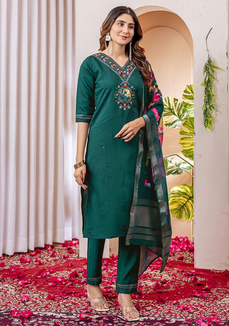 Green Embroidery Silk Straight Kurta Set - Indya