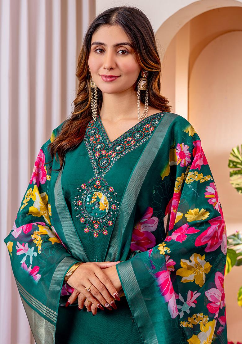Green Embroidery Silk Straight Kurta Set - Indya