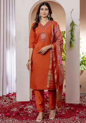 Orange Embroidery Silk Straight Kurta Set