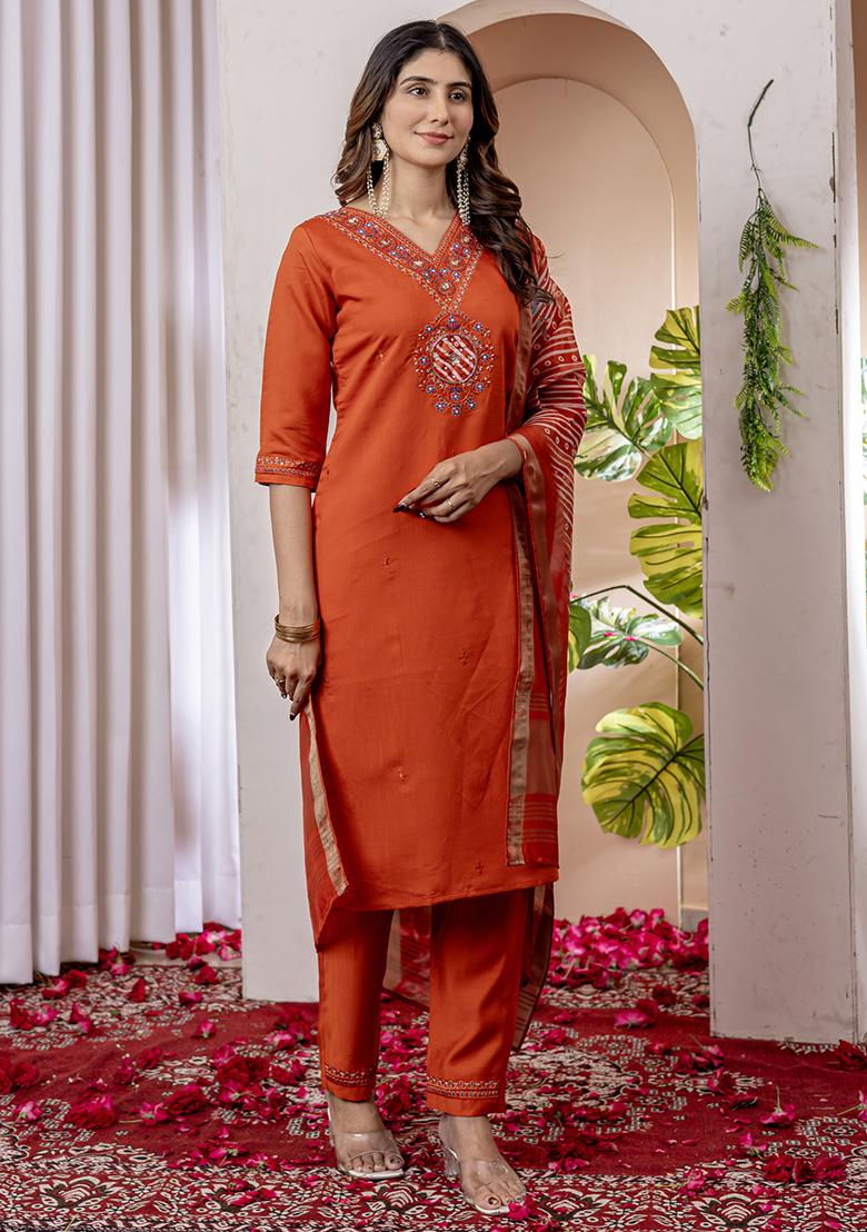 Orange Embroidery Silk Straight Kurta Set - Indya