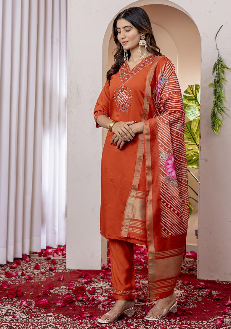 Orange Embroidery Silk Straight Kurta Set - Indya