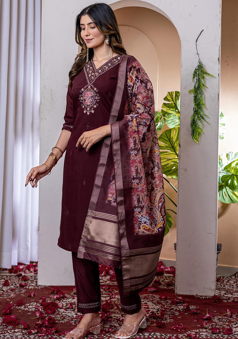 Wine Embroidery Silk Straight Kurta Set - Indya