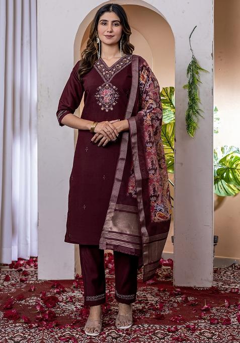 Wine Embroidery Silk Straight Kurta Set