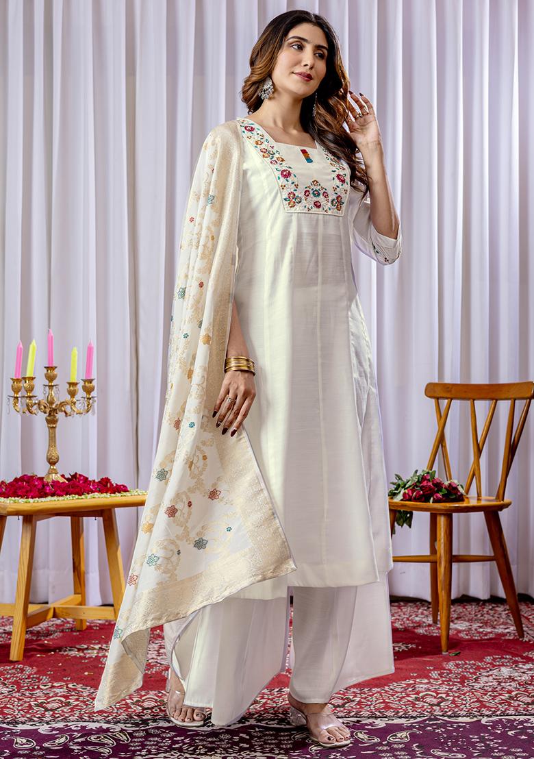 White Embroidery Silk Straight Kurta Set - Indya