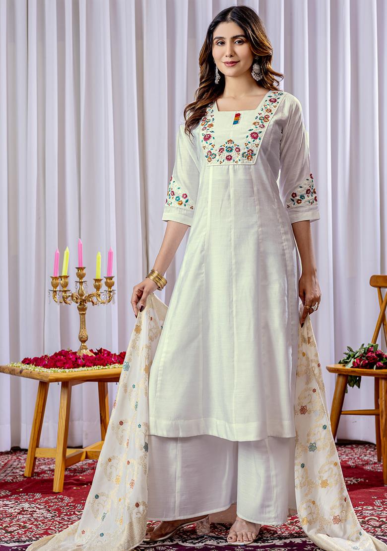 White Embroidery Silk Straight Kurta Set - Indya