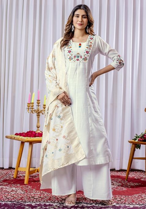 White Embroidery Silk Straight Kurta Set