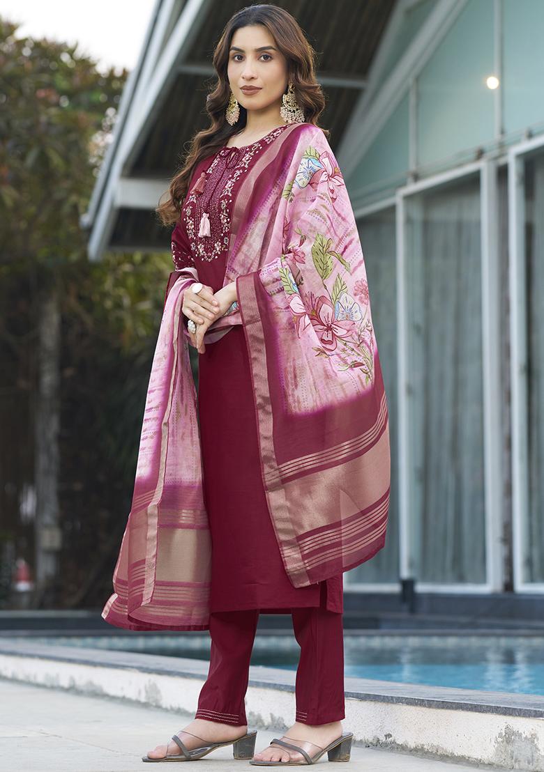 Maroon Embroidery Silk Straight Kurta Set - Indya