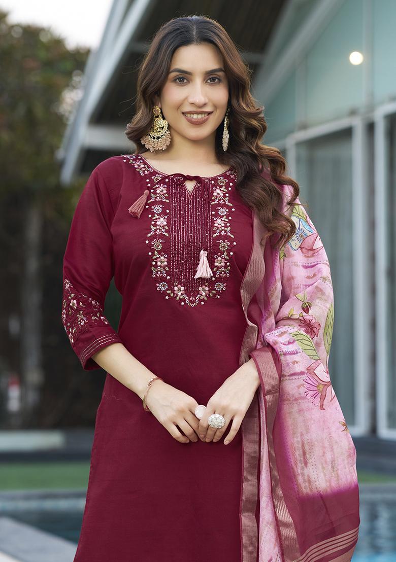 Maroon Embroidery Silk Straight Kurta Set - Indya