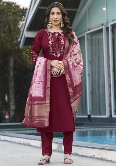 Maroon Embroidery Silk Straight Kurta Set