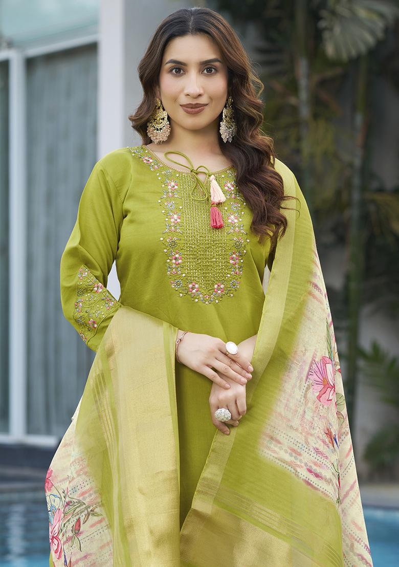 Parrot Green Embroidery Silk Straight Kurta Set - Indya