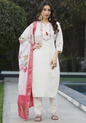 White Embroidery Silk Straight Kurta Set