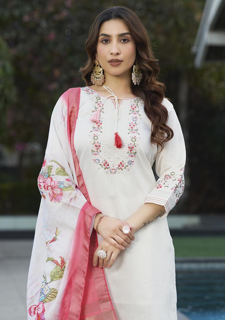 White Embroidery Silk Straight Kurta Set - Indya