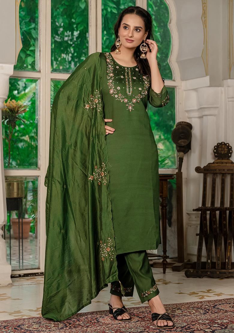 Green Embroidery Silk Straight Kurta Set - Indya