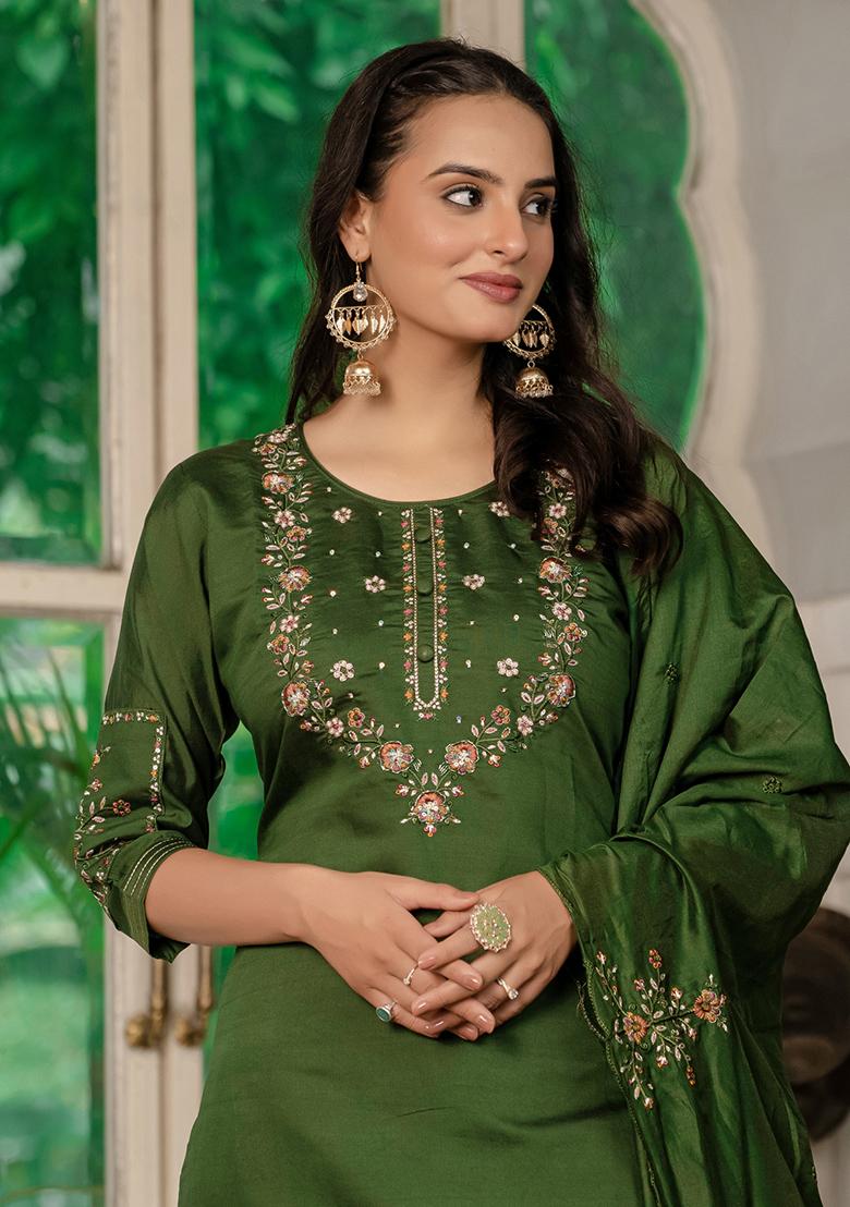 Green Embroidery Silk Straight Kurta Set - Indya