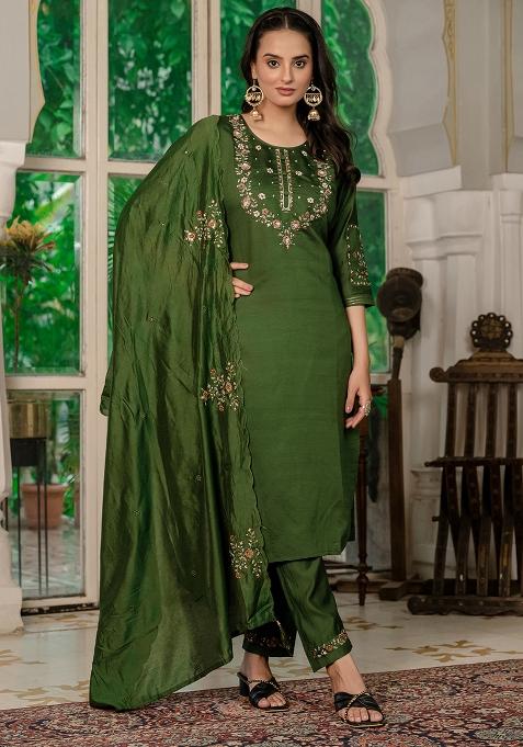 Green Embroidery Silk Straight Kurta Set