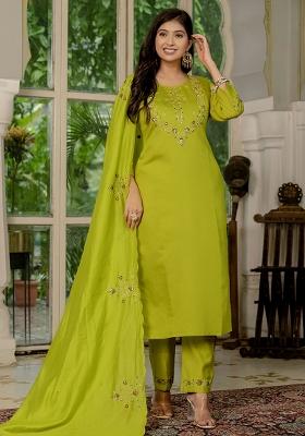 Parrot Green Embroidery Silk Straight Kurta Set
