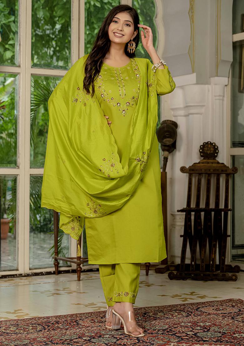 Parrot Green Embroidery Silk Straight Kurta Set - Indya