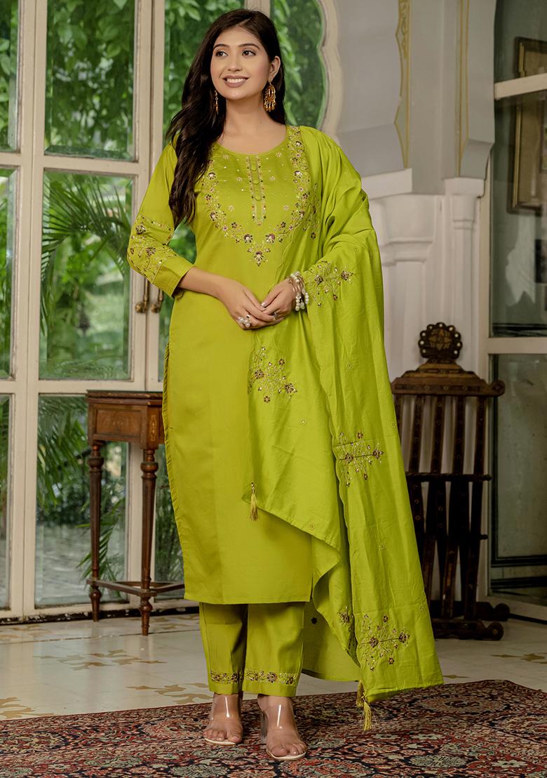 Parrot Green Embroidery Silk Straight Kurta Set - Indya