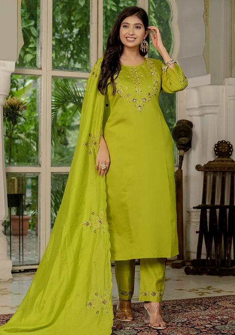 Parrot Green Embroidery Silk Straight Kurta Set