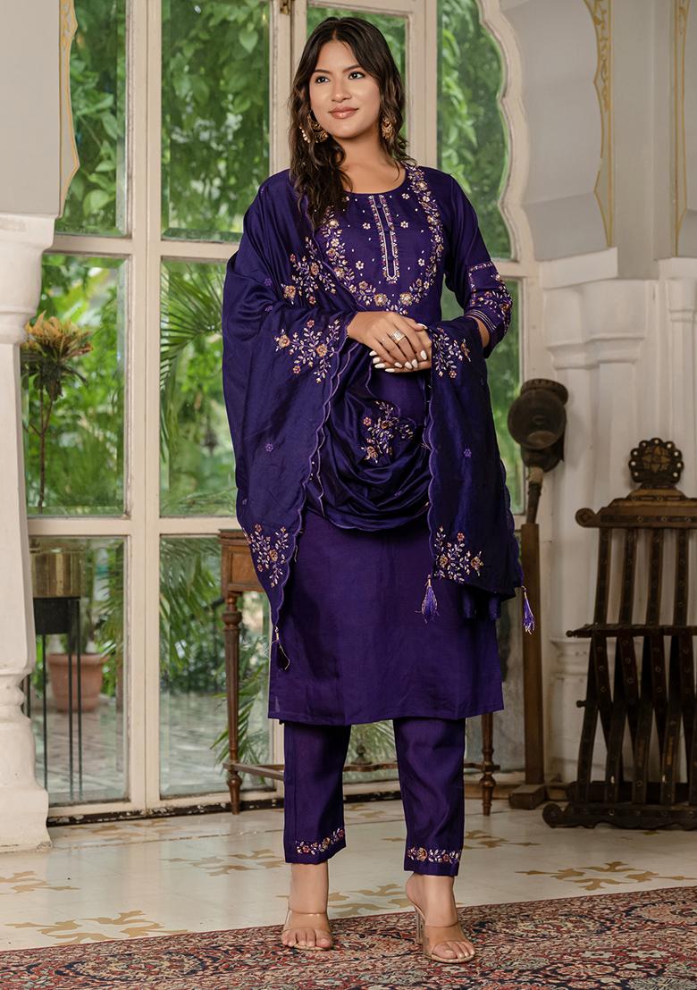 Wine Embroidery Silk Straight Kurta Set - Indya