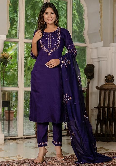 Wine Embroidery Silk Straight Kurta Set