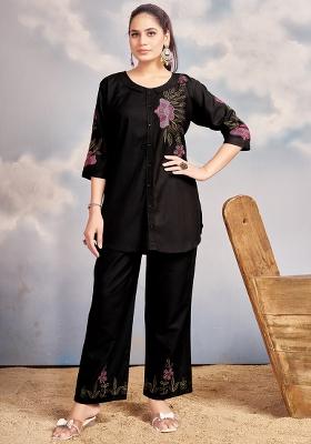 Black Embroidery Rayon Co Ords Set