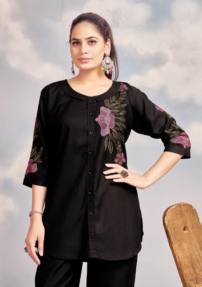 Black Embroidery Rayon Co Ords Set - Indya