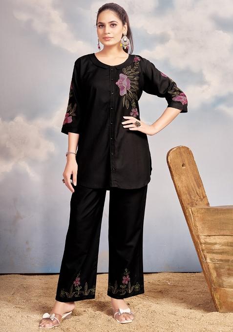 Black Embroidery Rayon Co Ords Set
