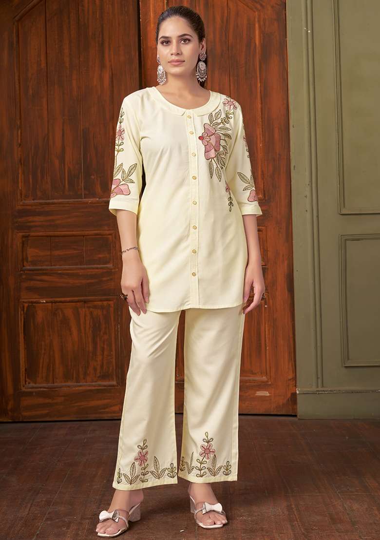 Cream Embroidery Rayon Co Ords Set - Indya