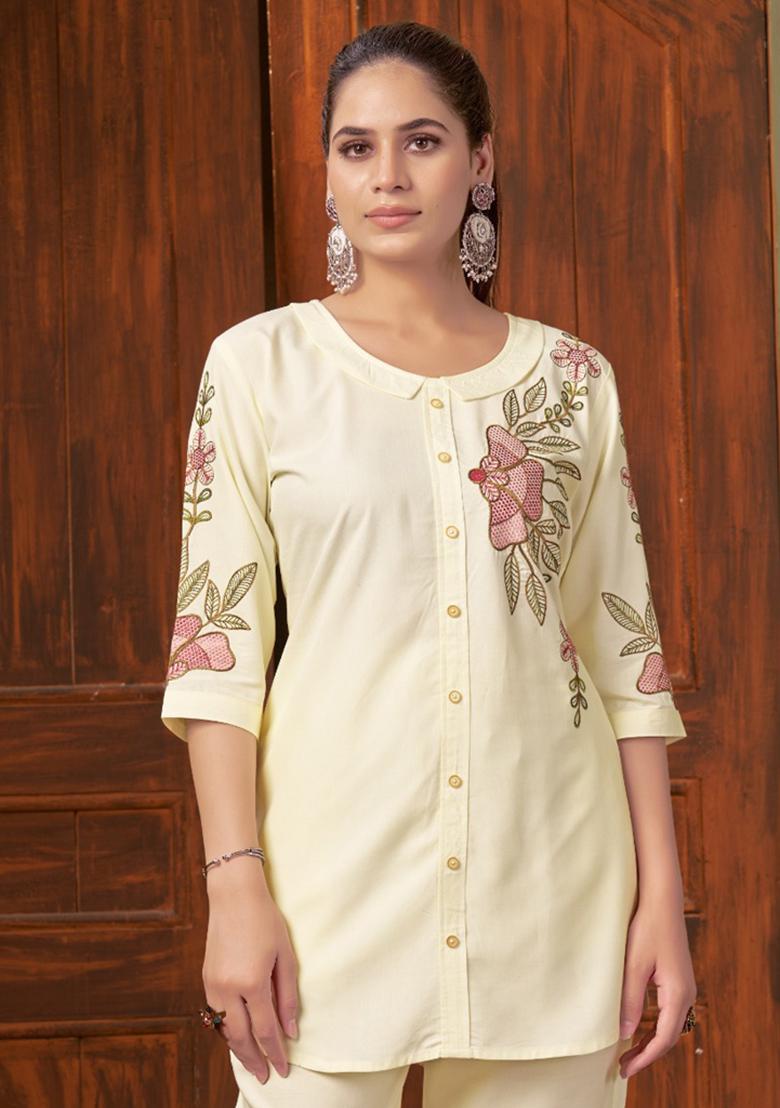 Cream Embroidery Rayon Co Ords Set - Indya