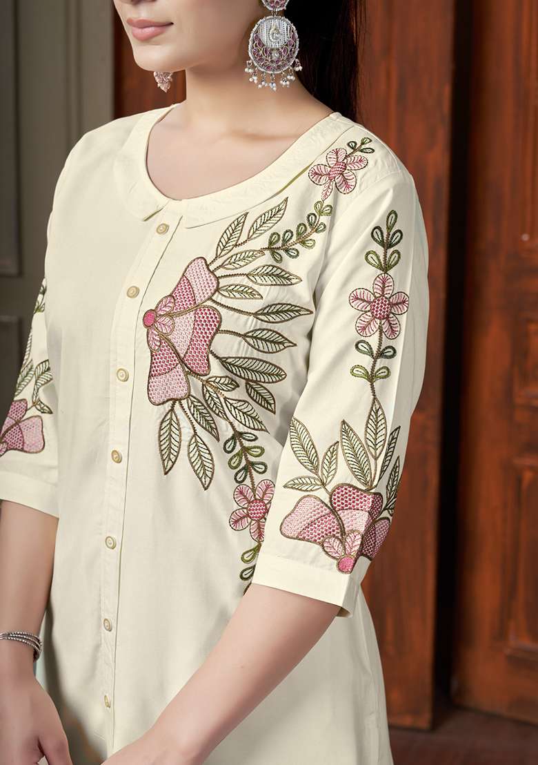 Cream Embroidery Rayon Co Ords Set - Indya