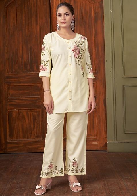 Cream Embroidery Rayon Co Ords Set