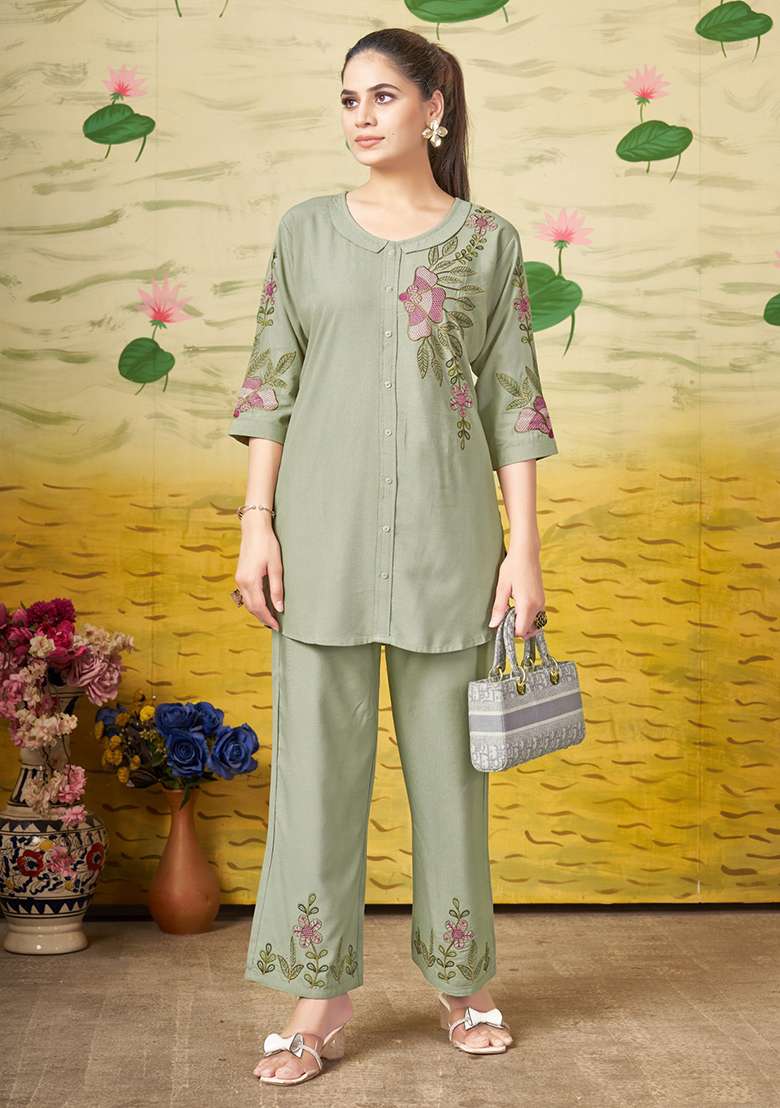 Green Embroidery Rayon Co Ords Set - Indya