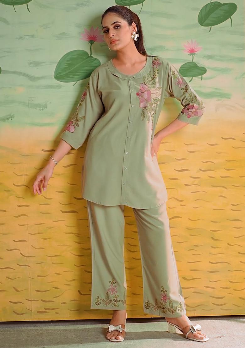Green Embroidery Rayon Co Ords Set - Indya