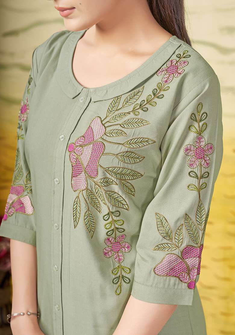 Green Embroidery Rayon Co Ords Set - Indya