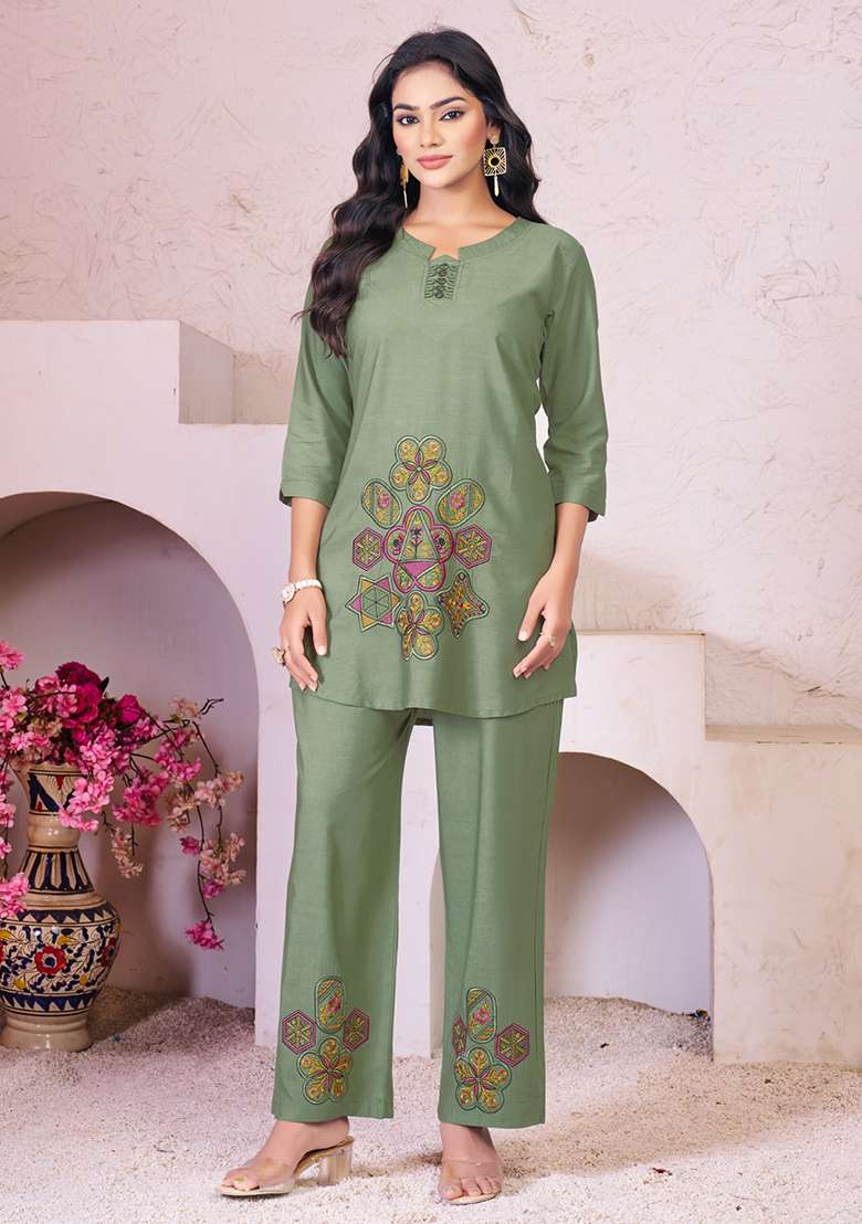 Green Embroidery Rayon Co Ords Set - Indya