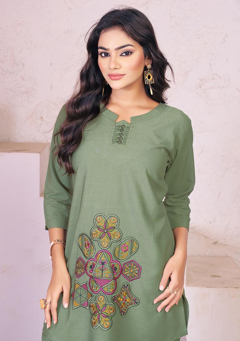Green Embroidery Rayon Co Ords Set - Indya
