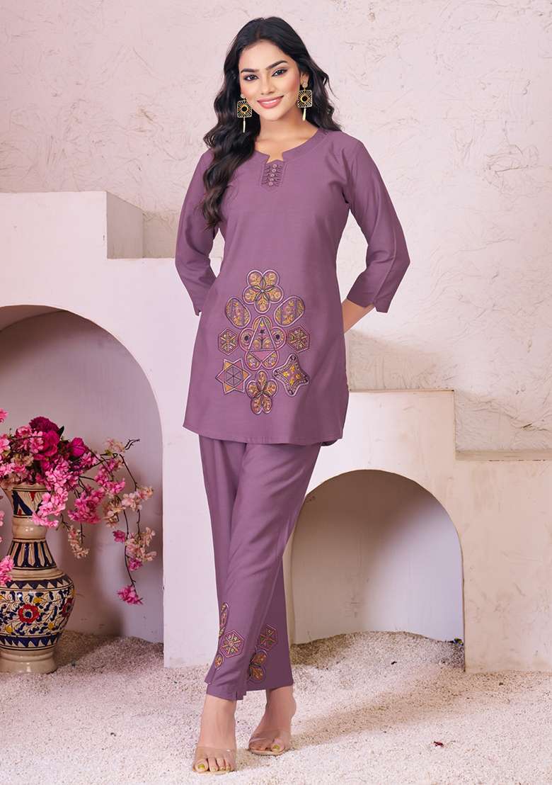 Lavender Embroidery Rayon Co Ords Set - Indya
