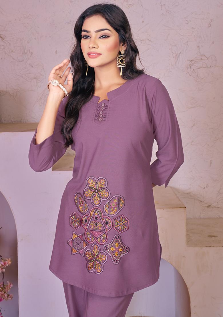Lavender Embroidery Rayon Co Ords Set - Indya