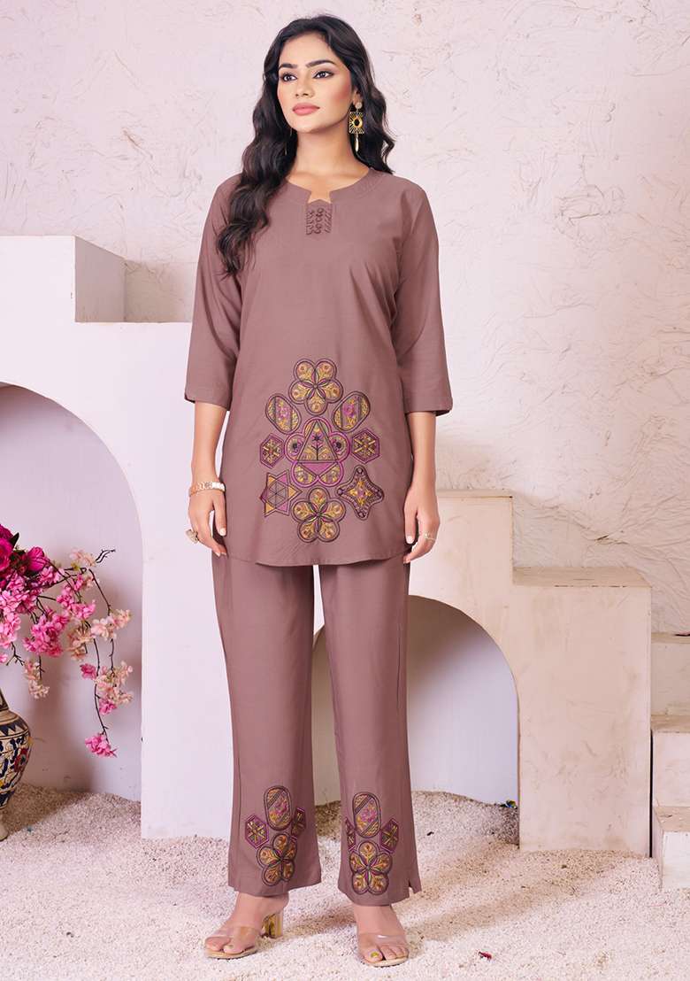 Onion Embroidery Rayon Co Ords Set - Indya