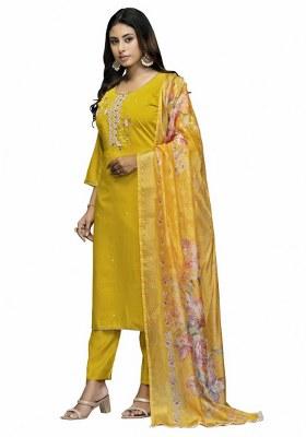 Yellow Embroidered Cotton Blend Kurta Set