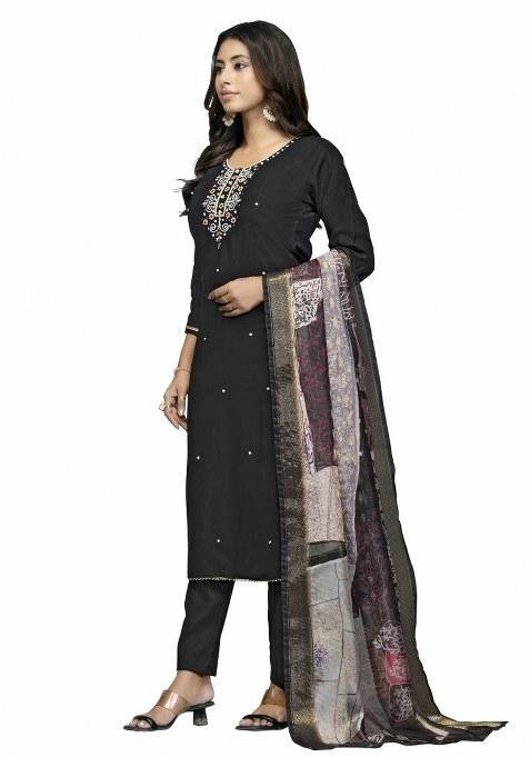 Black Embroidered Cotton Blend Kurta Set