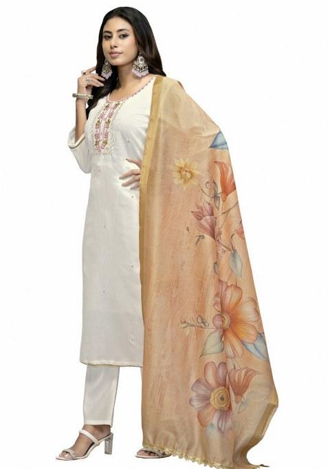 White Embroidered Cotton Blend Kurta Set