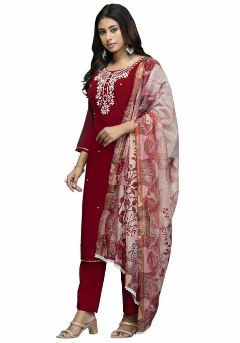 Red Embroidered Cotton Blend Kurta Set
